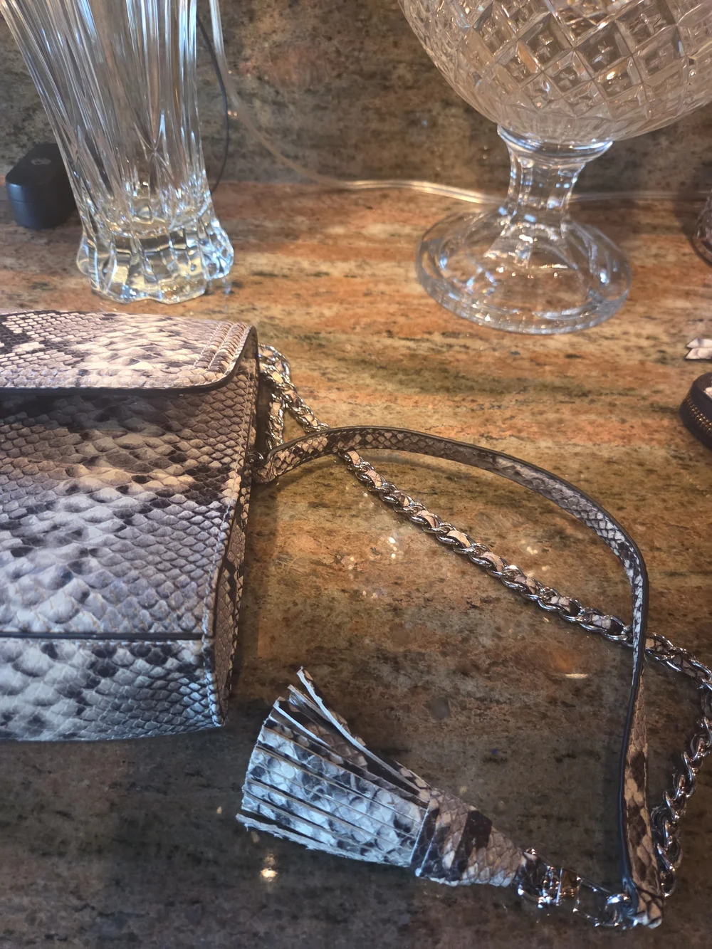 Tory Burch Snake-Print Chain Crossbody Bag And Wallett in Gray